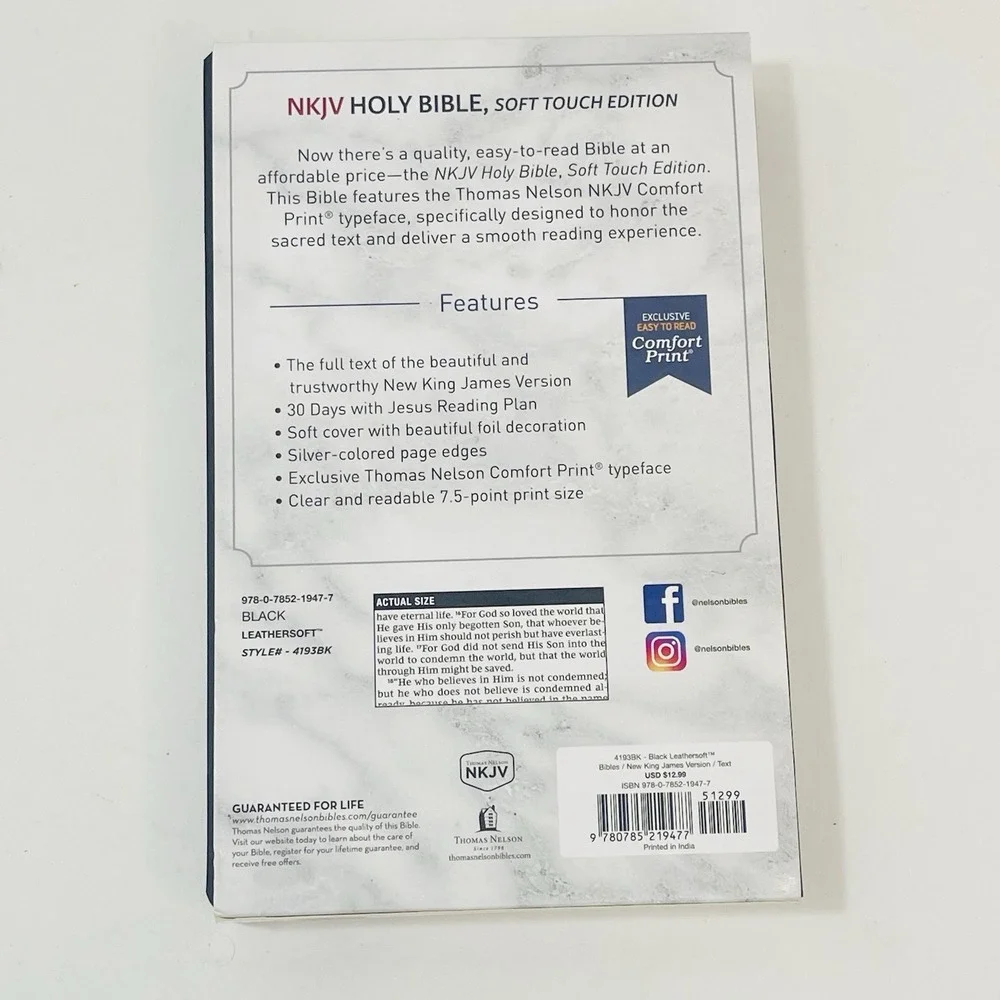 NKJV, Holy‎ Bible, Soft Touch Edition, Leathersoft, Black, Comfort Print NEW